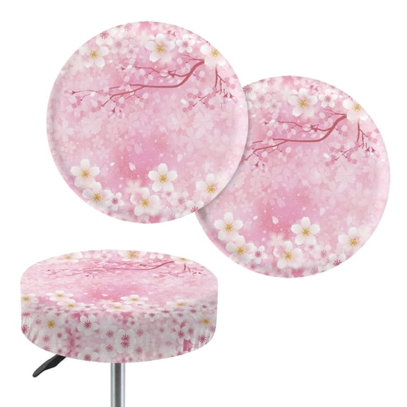 ZIATUBLE Cherry Blossom Bar Stool Cover Slipcovers 14-16 Inch Universal Stool Seat Cover Protector Set of 2 Easy to Clean Round Stool Covers with Elastic Chair Seat Cushion Slipcover