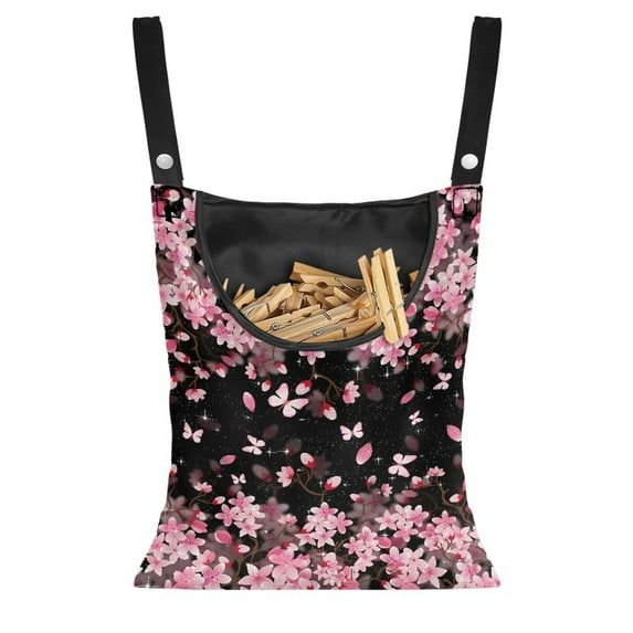 ZIATUBLE Cherry Blossom Hanging Storage Organizer Rack Butterfly Clothes Pin Bag to Hang On Line Set 2 Piece with Two Snap Buttons Clothes Pins Bag Holder Outdoor for Clothesline Outdoor