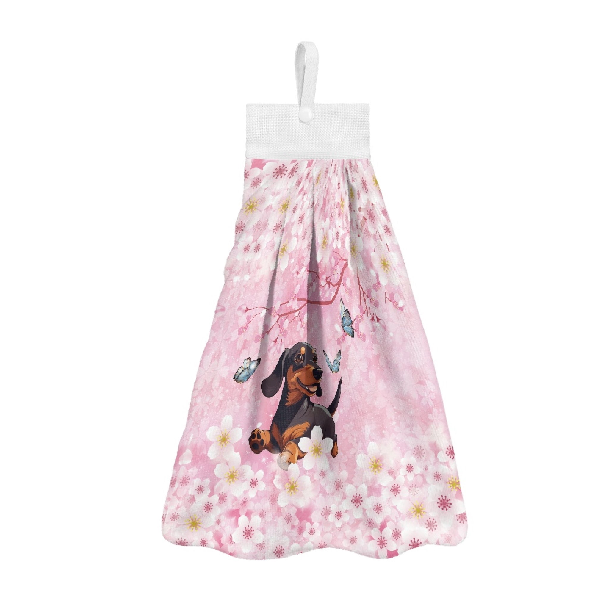 ZIATUBLE Cherry Blossom Kitchen Hanging Towels Dachshund Butterfly Hand Towels Loop Pack of 3 Absorbent Hand Towels for Bathroom Lightweight Dish Towel Hand Towels Soft Dish Tie Towel