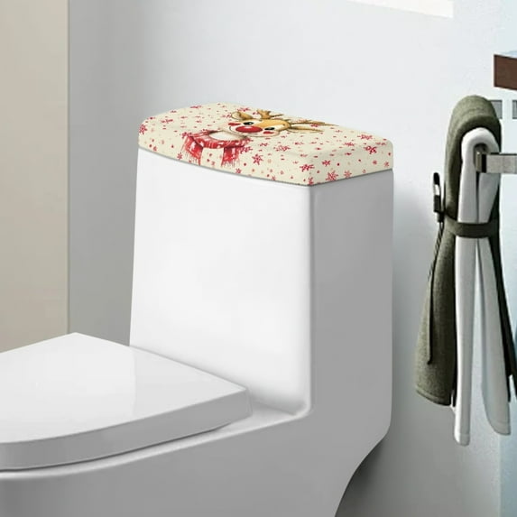 ZIATUBLE Christmas Deers Toilet Tank Protector Snowflakes Toilet Tank Cover Lid 2 Pcs with Stretch Edges Toilet Tank Cover for Bathroom Toilet Water Tank Cover Toilet Tank Lid Happy Xmas