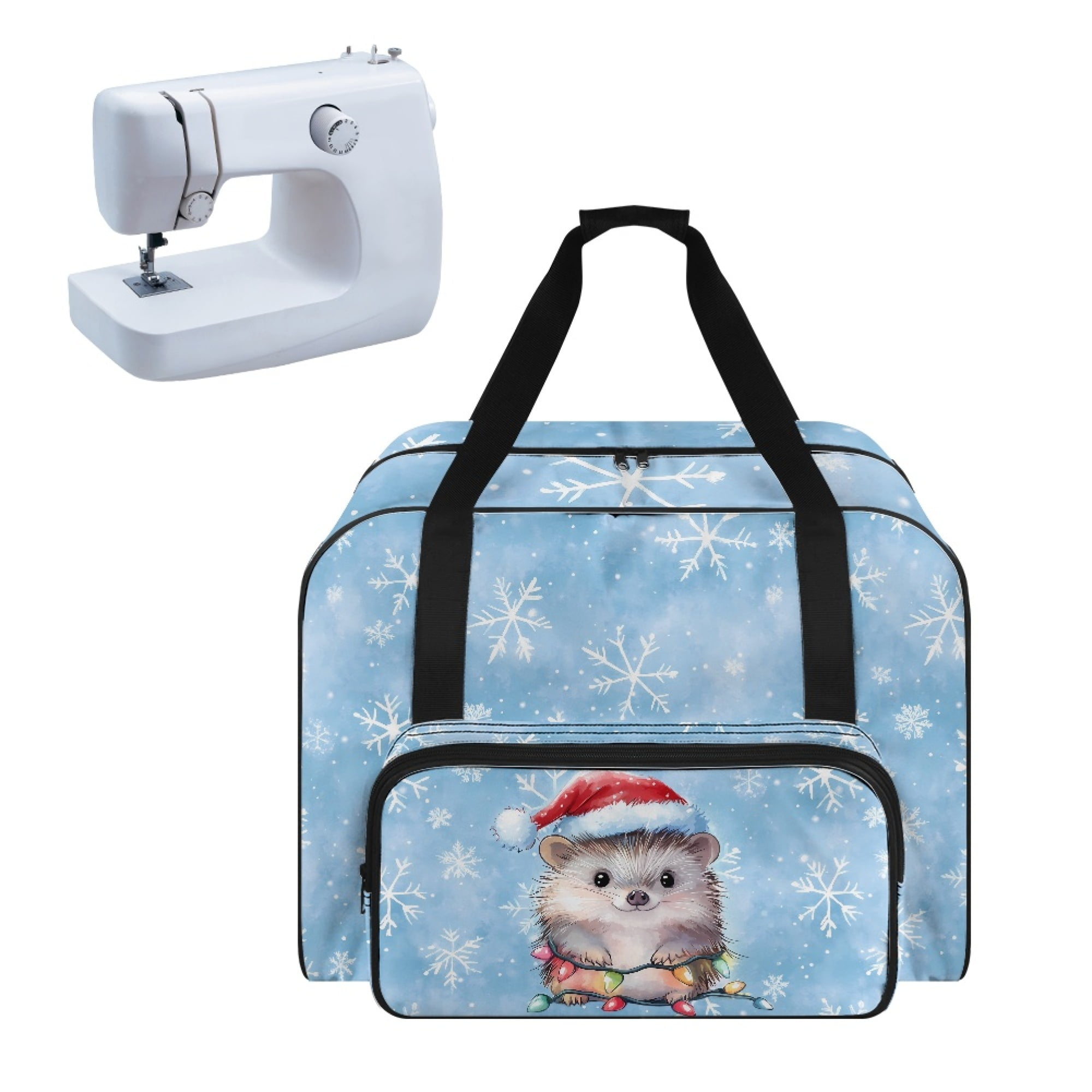 ZIATUBLE Christmas Hedgehog Portable Cover Tote Bag Snowflake Zippered Travel Bag with 4 Bottom Rubber Pads Sewing Machine Carrying Cases Large Capacity Sewing Machine Storage Box