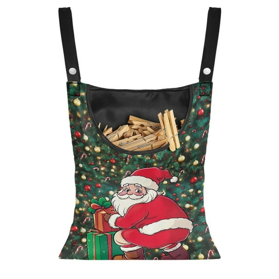 ZIATUBLE Christmas Santa Claus Hanging Storage Organizer Stretch Clothespin Bag Holder Elastic Clothesline Bag for Clothes Pins 2 Pieces Set with Hanging Hook Laundry Clothes Pin Holder