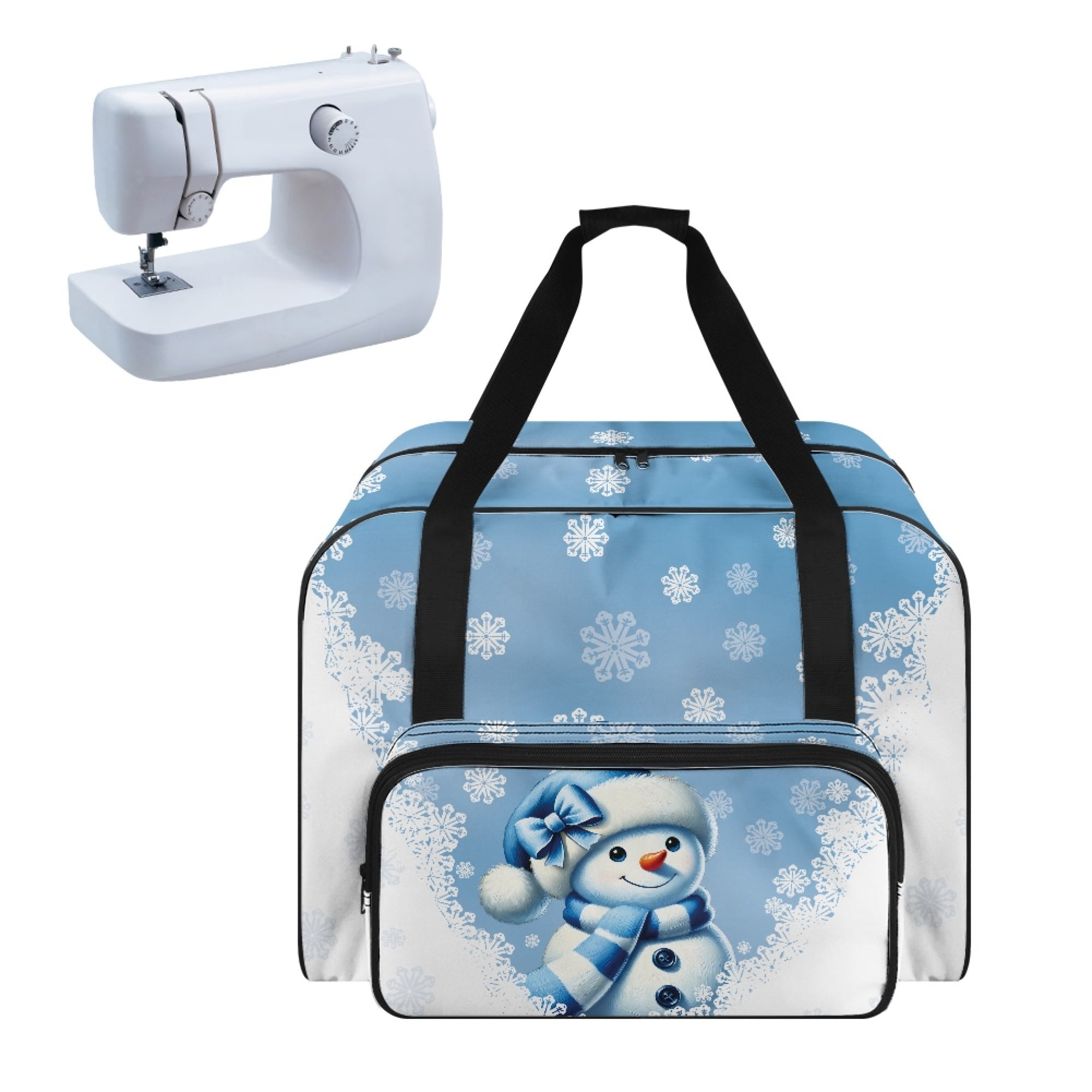 ZIATUBLE Christmas Snowman Sewing Machine Tote Bag Snowflakes Travel Sewing Machine with 4 Bottom Rubber Pads Portable Sewing Machine Handbag Elastic Sewing Machine Storage Box