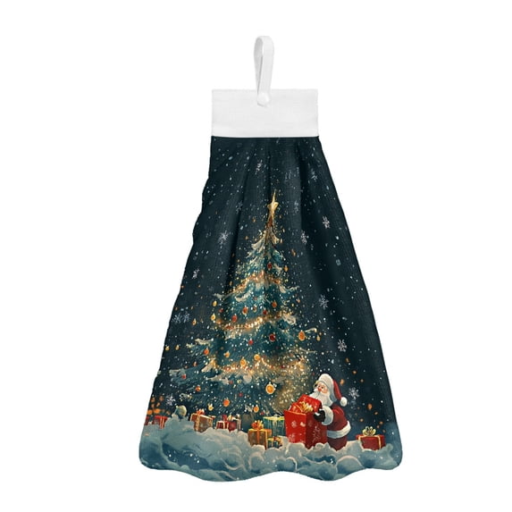 ZIATUBLE Christmas Trees Kitchen Hanging Towels Santa Claus Dish Towel Hand Towels with Hanging Loop Bathroom Hand Bath Towel Pack of 2 Machine Washable Hanging Hand Towels with Loop