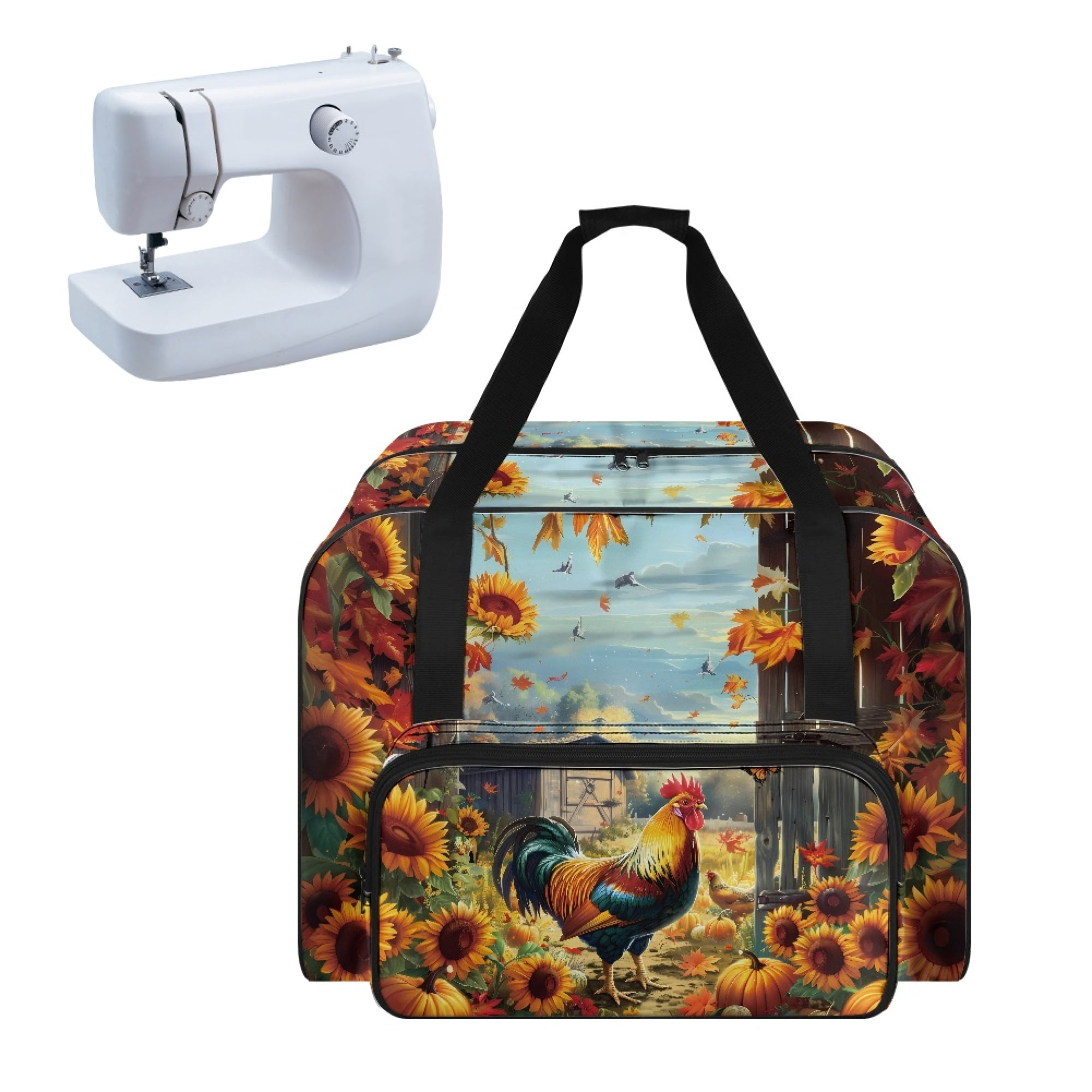 ZIATUBLE Cock Sunflower Portable Carrying Totes Pumpkin Traveling Bag with Zipper Carry Case with Storage Pockets and Handles with Storage Pocket Portable Sewing Machine Handbag