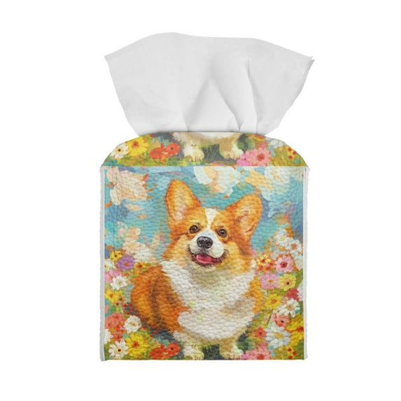 ZIATUBLE Corgi Floral Square Tissue Box Covers Leather Tissue Box Covers Rrectangular Napkin Organizer Dispenser with Snap Button Tissue Box Container Reusable Tissue Pouch