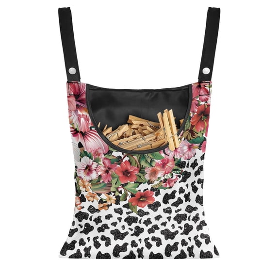 ZIATUBLE Cow Print Clothes Pin Hanging Bag Flower Storage Hanging Organizer Easy to Use Hanging Clothes Pins Bag Holder Outdoor Washable Clothes Pin Bag to Hang On Line