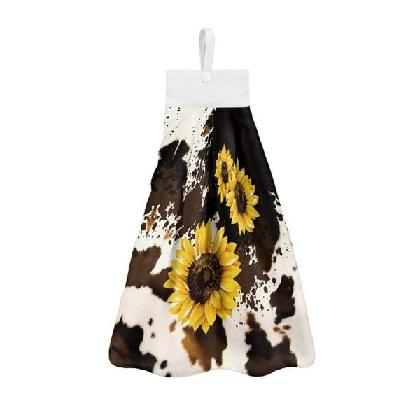 ZIATUBLE Cow Print Kitchen Hand Towels Sunflower Hand Towels with Hanging Loops Bath Towels for Bathroom Set 2 Pack Reusable Hand Towels for Kitchen Decorative Bathroom Washcloth Home Indoor