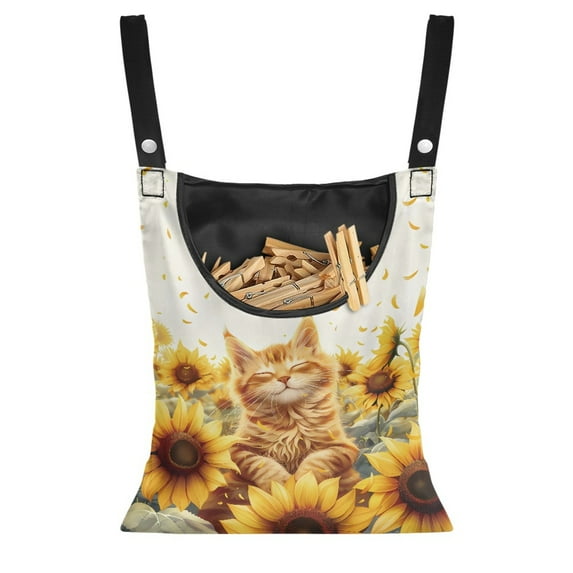 ZIATUBLE Cute Cat Clothespin Bag with Clothespins Sunflower Clothes Pins Bag Holder Reusable Hanging Can Storage Organizer Pantry Large Capacity Hanging Closet Storage Organizer