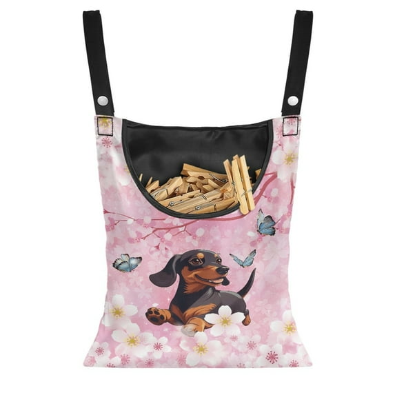 ZIATUBLE Dachshund Storage Bag Clothespin Cherry Blossom Storage Hanging Organizer Clothespin Holder Western Easy to Clean Hanging Storage Organizer Rack for Home Outdoor Supply