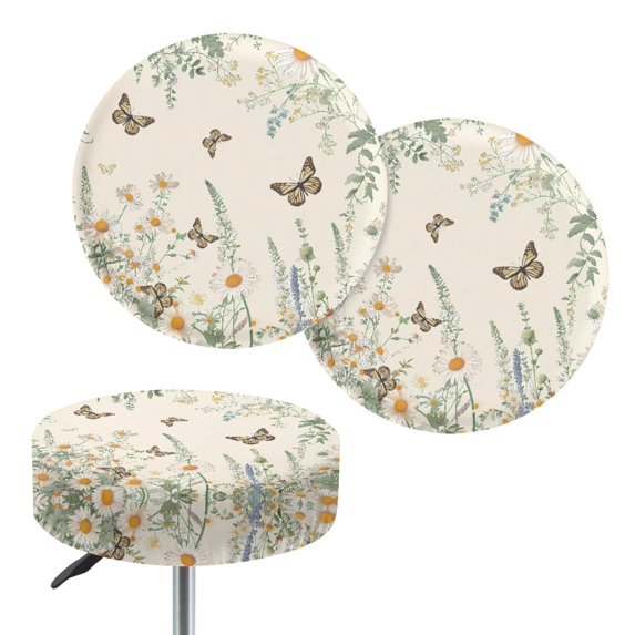 ZIATUBLE Daisy Butterfly Plants Stool Covers Cushion Washable Chair Seat Slipcover 12-14 Inch Stain Resistant Seat Cover for Vanity Stool Set 2 Pack Polyester Round Stool Slipcover