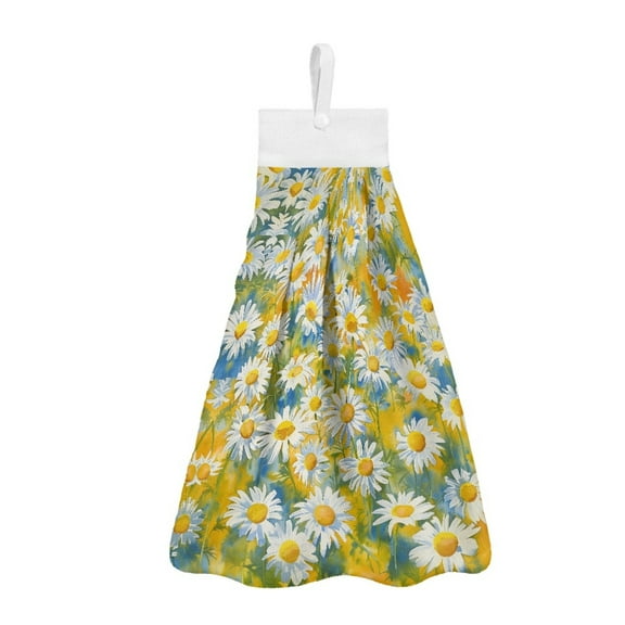 ZIATUBLE Daisy Hanging Hand Towels Soft Hand Towels for Kitchen Absorbent Bathroom Hand Bath Towel 2 Piece with Snap Button Kitchen Hand Towels and Washcloths Elastic Hanging Tie Towels