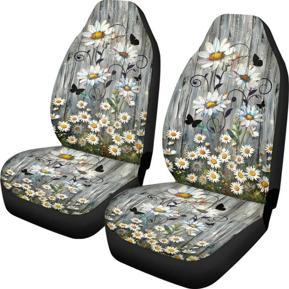 ZIATUBLE Daisy Wooden Auto Seat Cover Car 2 Pcs Butterfly High Bucket Seat Covers Vehicle Seat Protector for Front Seats Auto Interior Accessories Universal Seat Covers for Car SUV Trucks Sedan