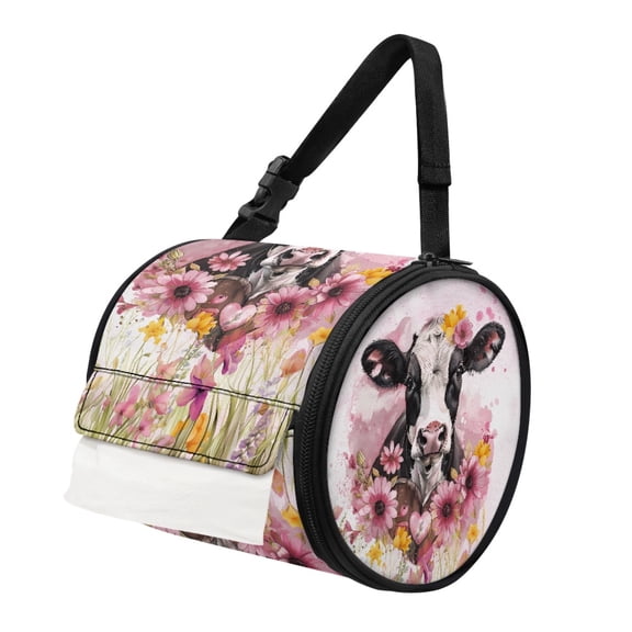 ZIATUBLE Floral Cow Toilet Paper Holder Round Paper Towel Storage Bag Universal Carrying and Storage Case Kitchen Paper Towel Holder Organizer Stain Resistant Hanging Paper Towel Case