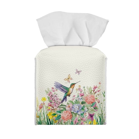 ZIATUBLE Floral Hummingbird Leather Tissue Holder Box Square Facial Tissue Holder Storage with Snap Button Facial Paper Organizer Dispenser Decorative Cube Tissue Holder for Car