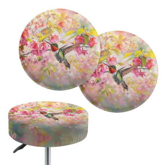 ZIATUBLE Floral Hummingbird Round Stool Covers Removable Bar Stool Seat Dust Covers 2 Pieces Set Replacement Stool Cushion Slipcovers for Chairs 13-15 Inch for Kitchen Cafe Hotel