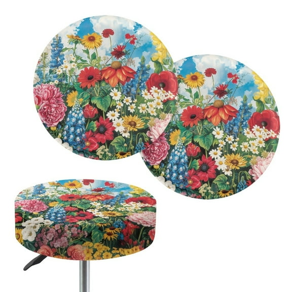 ZIATUBLE Flower Pattern Bar Stool Seat Covers Polyester Round Stool Slipcover Pack of 2 Foldable Padded Bar Stool Covers Round 14-16 Inch Wear Resistant Slipcover for Circle Chair Stools