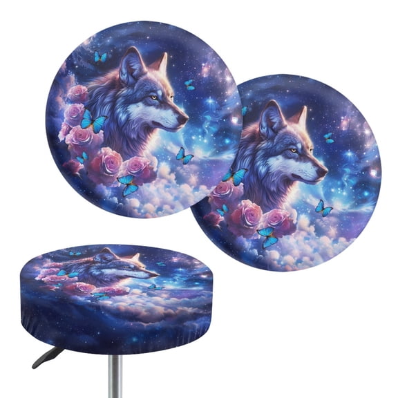 ZIATUBLE Galaxy Wolf Barstool Covers Slipcovers Rose Stool Seat Cover Protector Stool Seat Replacement Cover 2 Pieces Office Chair Vanity Stool Seating Cloth Set 12-14 Inch