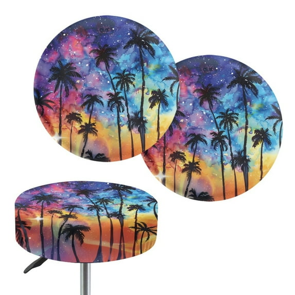ZIATUBLE Hawaiian Plam Tree Bar Stool Covers Round Galaxy Stool Seat Cover Protector 14"-16" Comfortable Stool Covers Round Padded Pack of 2 Fit for Most of Regular Size Round Stool