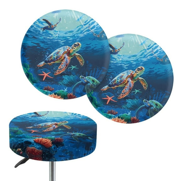 ZIATUBLE Hibiscus Turtle Chair Seat Cushion Cover Soft Seat Cover for Vanity Stool 12-14 Inch Dustproof Polyester Round Stool Slipcover 2 Pieces Set Stretch Round Bar Stool Covers