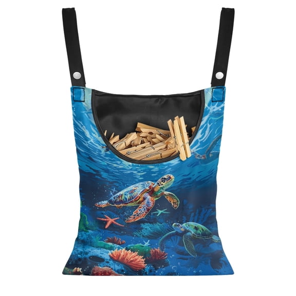 ZIATUBLE Hibiscus Turtle Clothespin Holder Bag Washable Hanging Clothespin Bag Elastic Clothesline Bag for Clothes Pins with Hanging Hook Clothespin Bag for Clothesline Outdoor