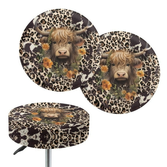 ZIATUBLE Highland Cow Bar Stool Seat Covers 2 Pcs Sunflower Leopard Print Chair Seat Cushion Cover Soft Stool Seat Cover Protector 13-15 Inch Non Slip Padded Bar Stool Covers Round
