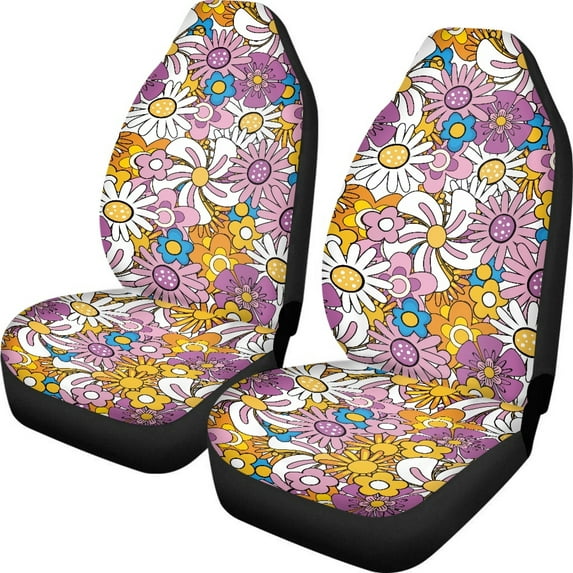 ZIATUBLE Hippie Daisy Car Seat Dust Cover Polyester Bucket Front Seats Cover for Cars Auto Interior Accessories 2 Pcs Easy to Install Stretch Vehicle Bucket Seat Cover for Trucks Van SUV