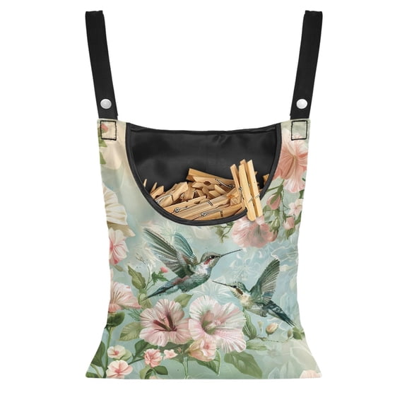 ZIATUBLE Hummingbird Clothespin Bag Storage Floral Clothes Pins Bag Holder Dirty Resistant Hanging Pantry Organizer for Storage Bags Elastic Clothes Pins Heavy Duty Outdoor Bag
