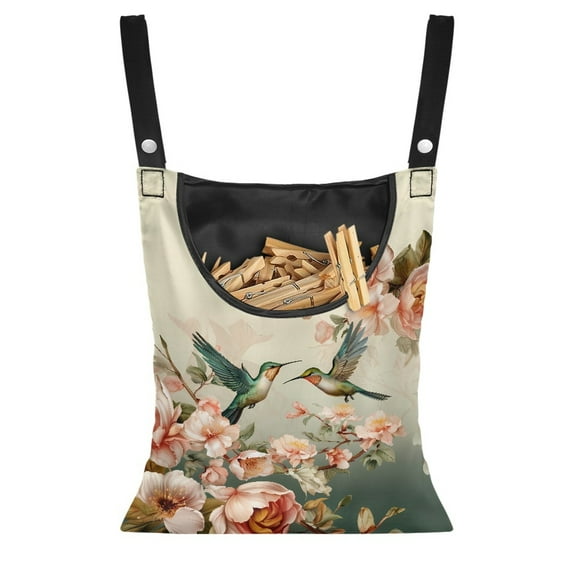 ZIATUBLE Hummingbird Flower Clothespin Bag Storage Washable Hanging Clothespin Bag with Two Snap Buttons Clothespin Holder for Clothesline Easy to Install Hanging Clothespin Case