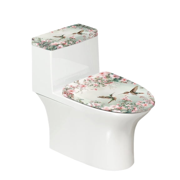 ZIATUBLE Hummingbird Flower Toilet Lid and Tank Cover Set Round Seat with Soft Washable Toilet Tank Protector Cover 2 Pieces Set Elongated Toilet Seat and Tank Lid Cover Set