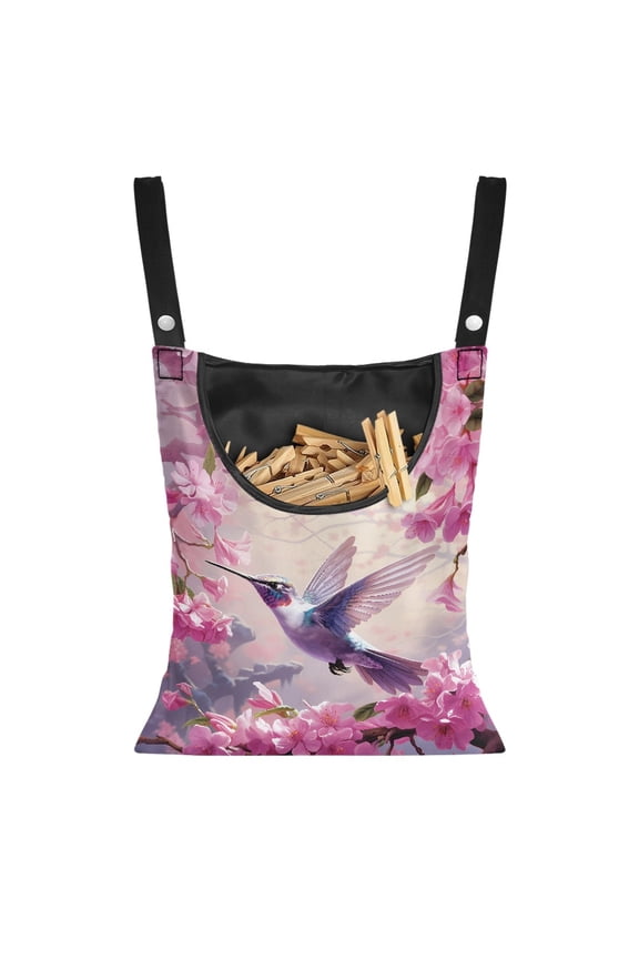 Hummingbird Hanging Storage Organizer Cherry Blossom Clothespin Bag with Hanger Machine Washable Heavy Duty Clothespin Bag for Clothesline Outdoor Laundry Room