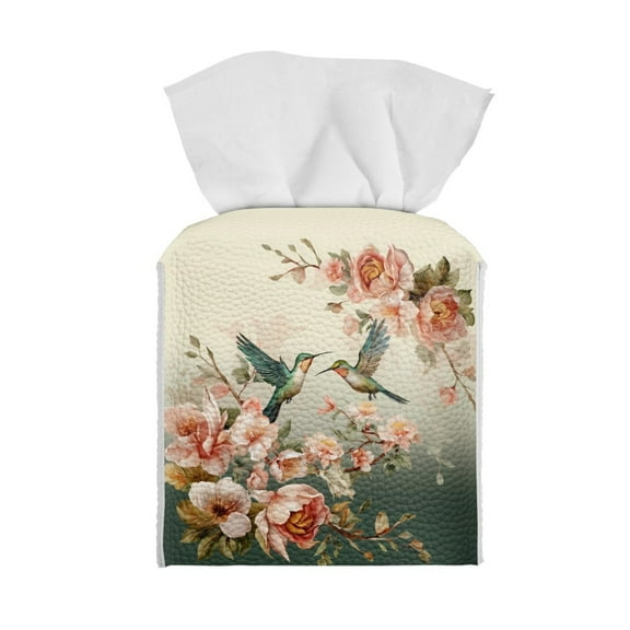 ZIATUBLE Hummingbird Square Tissue Box Cover Floral Leather Tissue Paper Box Cover Decorative Cube Tissue Holder for Living Room Wear Resistant Napkin Organizer Dispenser