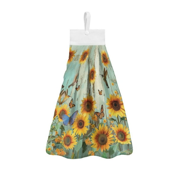 ZIATUBLE Hummingbird Sunflower Hanging Kitchen Towel Butterfly Wooden Dish Cloths Towel Easy to Clean Hand Towels for Bathroom with Loop Soft Kitchen Hand Towels Decor Accessories