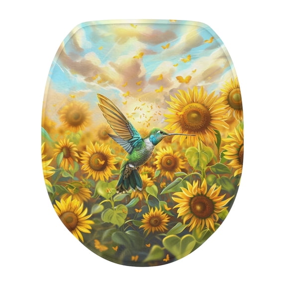 ZIATUBLE Hummingbird Toilet Lid Seat Cover Sunflower Toilet Lid Cover Round Toilet Protector Cover Soft Stretchable Toilet Lid Covers Full Coverage Design Toilet Seat Covers