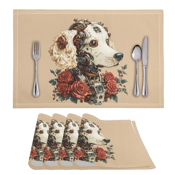 ZIATUBLE Kitchen Dining Mats Set of 4 Non-Slip PVC Polyester Placemat Washable Heat Stain Resistant Table Mats for Home Cafe Restaurant Desktop Protection, Robot Dog Rose