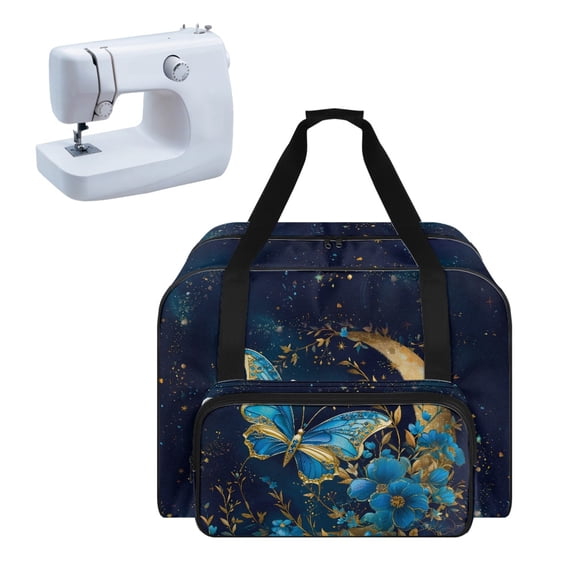 ZIATUBLE Moon Butterfly Traveling Bag with Zipper Floral Portable Padded Storage Dustproof Carry Case with Storage Pockets and Handles with Zipper Sewing Machine Organizer Kit