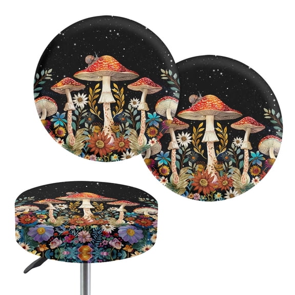 ZIATUBLE Mushroom Daisy Plants Bar Stool Cover Slipcovers Foldable Stool Covers Cushion 12"-14" Kitchen Bar Stool Chair Seat Cover 2 Pieces Padded Round Stool Covers with Elastic