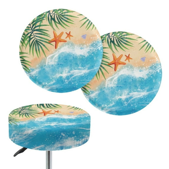 ZIATUBLE Ocean Beach Bar Stool Seat Cover Cushion Starfish Chairs Decorative Cover 2 Packs Polyester Round Stool Slipcover 12"-14" Machine Washable Slipcover for Circle Chair Stools