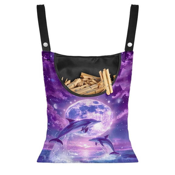 ZIATUBLE Ocean Moon Clothespin Bag with Strap Dolphins Clothespin Holder Bag with Hanging Hook Pack of 2 Clothespin Bag Hanging Storage Organizer Dirty Resistant Clothespin Bag Holder