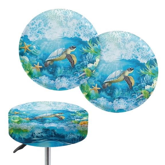 ZIATUBLE Ocean Turtle Stool Seat Covers Cushion Foldable Bar Stool Cover Slipcovers 12-14 Inch Kitchen Bar Stool Chair Seat Cover 2 Pieces Easy to Install Circle Stool Seat Covers