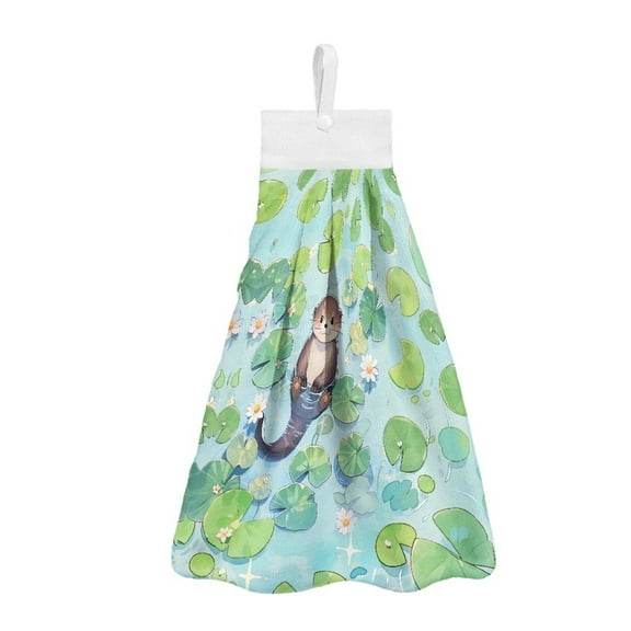 ZIATUBLE Otter Kitchen Towels Lotus Leaf Hanging Hand Dry Towels Reusable Bathroom Hand Bath Towel 2 Pieces Set with Snap Button Kitchen Hand Towels and Washcloths Soft Hand Towels with Loop