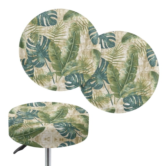 ZIATUBLE Palm Leaves Bar Stool Slipcovers Soft Stool Cushion Covers Circle 12-14 Inch Universal Chairs Decorative Cover Set 2 Pack Removable Office Chair Saddle Stool Cushion