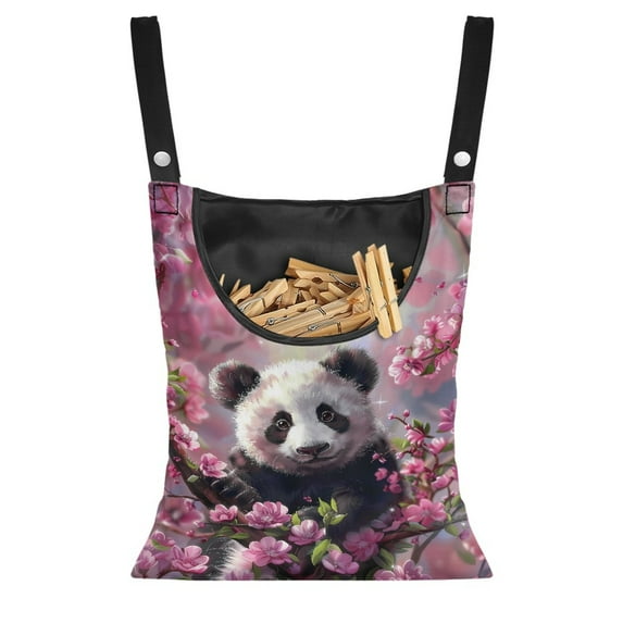 ZIATUBLE Panda Clothespin Holder Bag Cherry Blossom Hanging Storage Organizer Pack of 2 Large Capacity Clothespin Holder Bag Portable Wardrobe Clothes Storage Organizer Closet with Hanging Rack