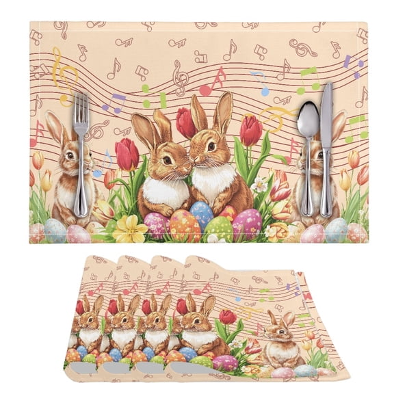 ZIATUBLE Placemat Set of 4 Washable Soft Kitchen Dining Table Mats Heat Resistant Sturdy Easter Home Accessory Decoration, 11.8 X 17.7 Inch, Rabbit Easter Egg Tulip Music Note