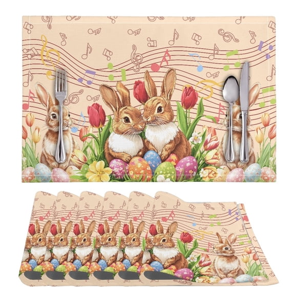 ZIATUBLE Placemat Set of 6 Washable Soft Kitchen Dining Table Mats Heat Resistant Sturdy Easter Home Accessory Decoration, 11.8 X 17.7 Inch, Rabbit Easter Egg Tulip Music Note
