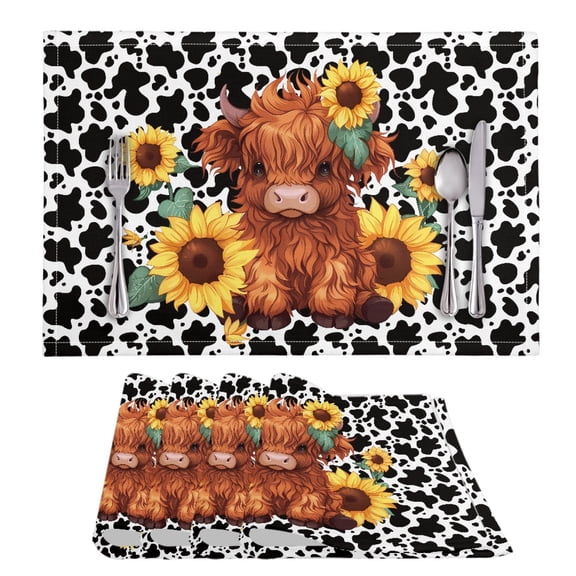 ZIATUBLE Placemats Set of 4 Non-Slip Kitchen Dining Table Mats Soft Heat Resistant Home Restaurant Cafe Countertop Accessory Decor, 11.8 x 17.7 Inch, Highland Cow Sunflower Cow Pattern