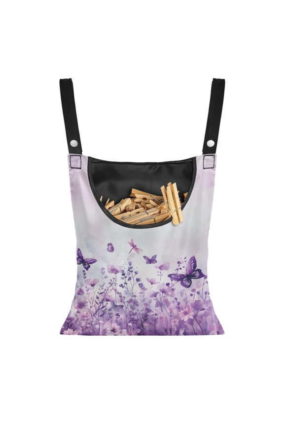 Purple Butterfly Clothes Pins and Bag Flower Laundry Clothes Pin Holder Dirty Resistant Hanging Can Storage Organizer Pantry Easy to Install Clothes Pin Bag for Outside