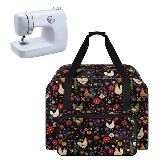 ZIATUBLE Rooster Carrying Travel Storage Daisy Sewing Machine Bag Case with 4 Bottom Rubber Pads Portable Carrying Totes Easy to Clean Sewing Machine Storage Bag Zips Open Completely