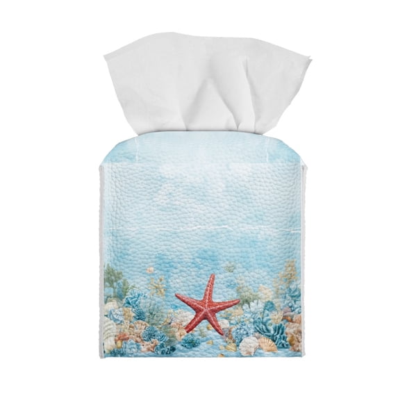 ZIATUBLE Sea Starfish Square Tissue Box Cover Leather Tissue Holders Decoration for Home Wear Resistant Tissue Box Cover Case with Snap Button Napkin Tissue Dispenser