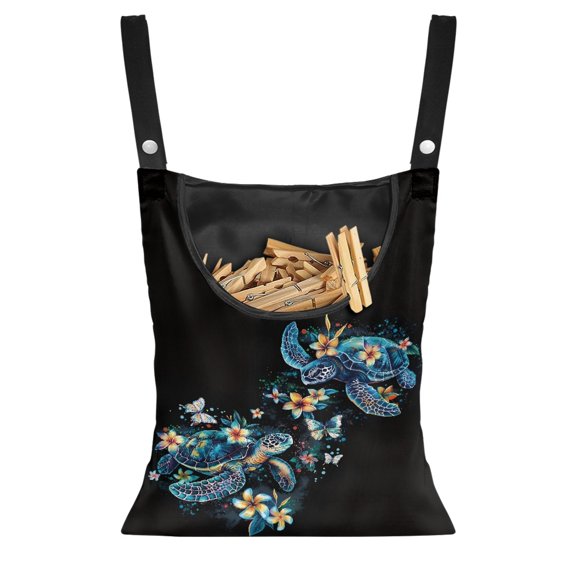 ZIATUBLE Sea Turtle Clothespin Storage Bag Large Capacity Hanging Storage Organizer Easy to Clean Laundry Clothes Pin Holder Stretchy Clothespin Holder for Clothesline Home